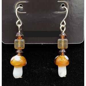Handmade Small Mushroom Brown White Glass & Crystal Bead Earrings by Neanie-Bot
